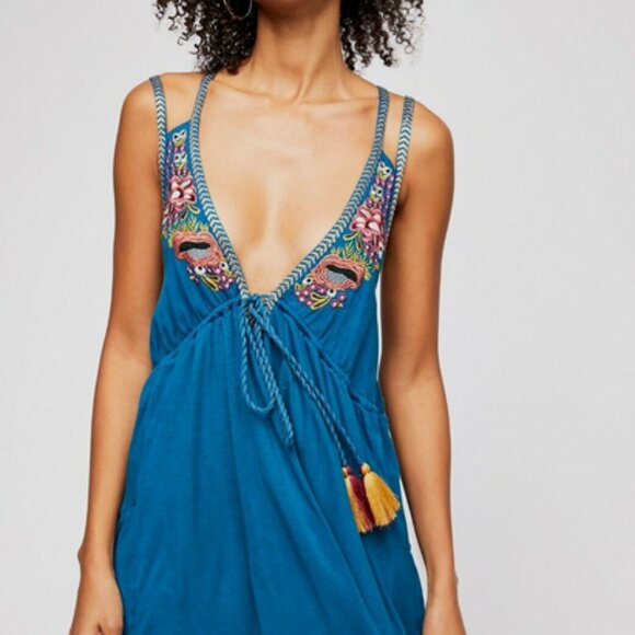 Free People Lovers Cove Mini Dress Size XS Teal Embroidered - Picture 12 of 16
